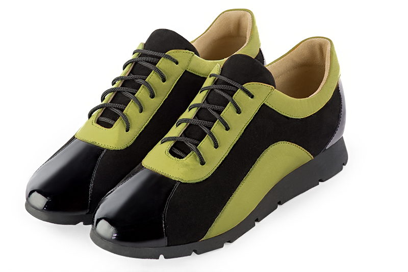 Gloss black and pistachio green women's two-tone elegant sneakers. Round toe. Flat rubber soles. Front view - Florence KOOIJMAN